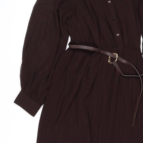 Zara Women Brown M Midi Pleated Belted Shirt Dress Long Sleeve