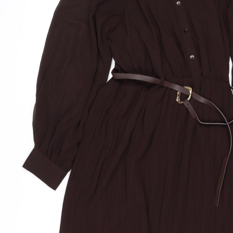 Zara Women Brown M Midi Pleated Belted Shirt Dress Long Sleeve