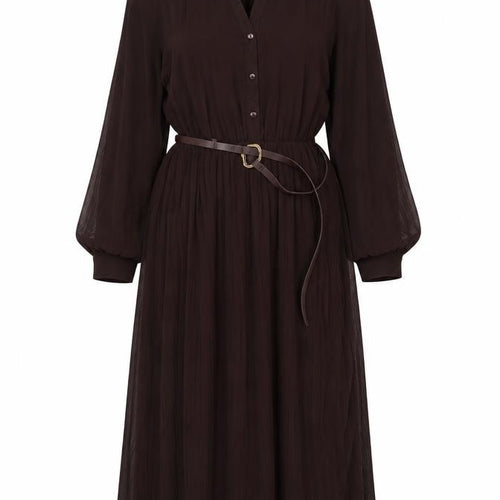 Zara Women Brown M Midi Pleated Belted Shirt Dress Long Sleeve