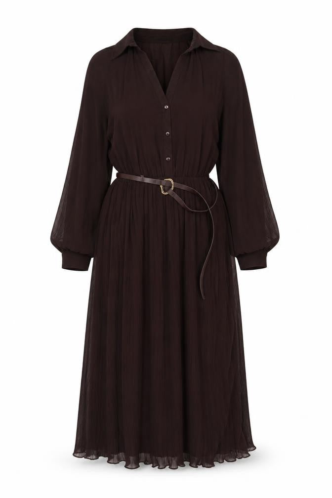 Zara Women Brown M Midi Pleated Belted Shirt Dress Long Sleeve