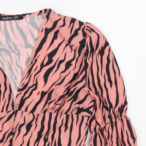 Boohoo Women’s Pink Zebra Print Cropped V-Neck Ruffle Blouse UK 10