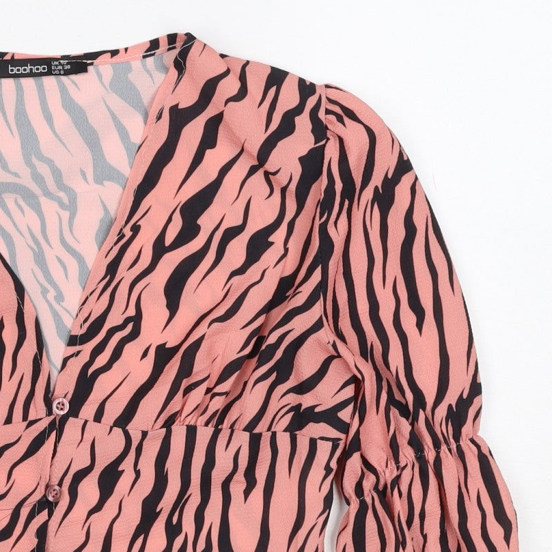 Boohoo Women’s Pink Zebra Print Cropped V-Neck Ruffle Blouse UK 10