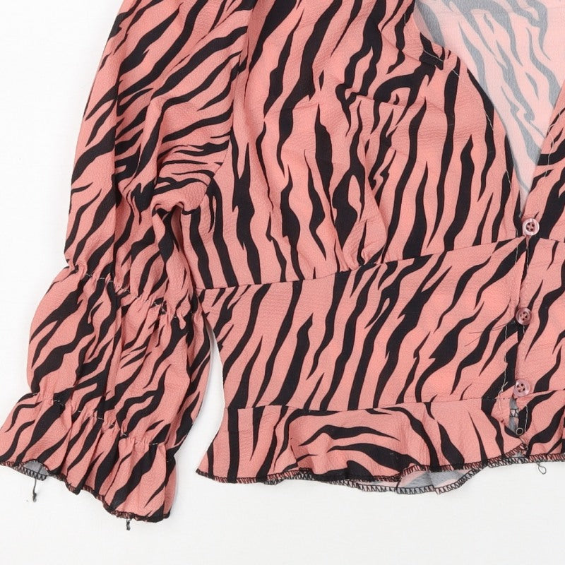 Boohoo Women’s Pink Zebra Print Cropped V-Neck Ruffle Blouse UK 10