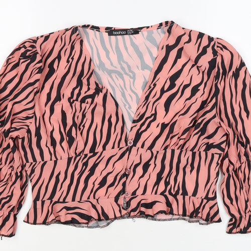 Boohoo Women’s Pink Zebra Print Cropped V-Neck Ruffle Blouse UK 10