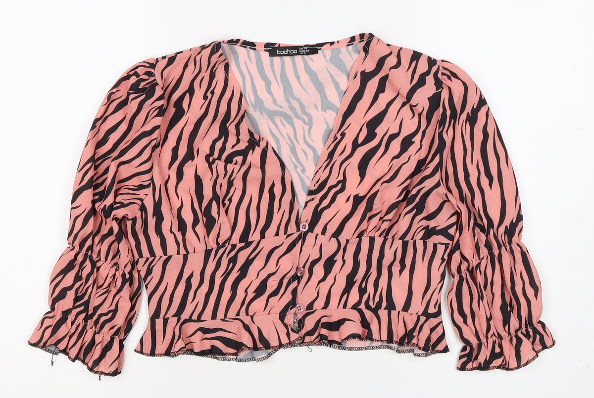 Boohoo Women’s Pink Zebra Print Cropped V-Neck Ruffle Blouse UK 10