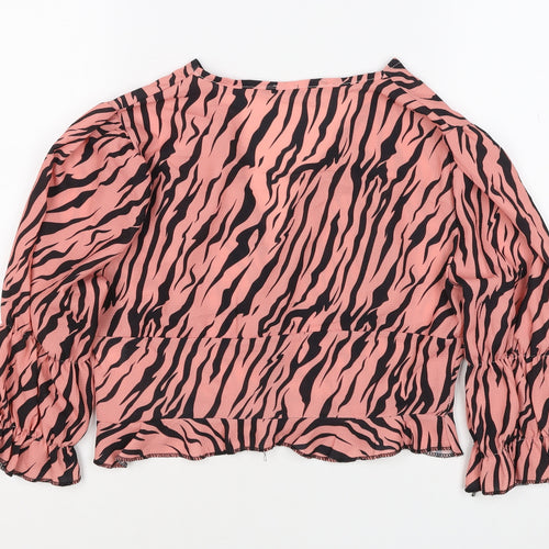Boohoo Women’s Pink Zebra Print Cropped V-Neck Ruffle Blouse UK 10
