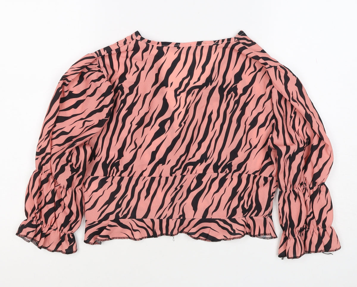Boohoo Women’s Pink Zebra Print Cropped V-Neck Ruffle Blouse UK 10