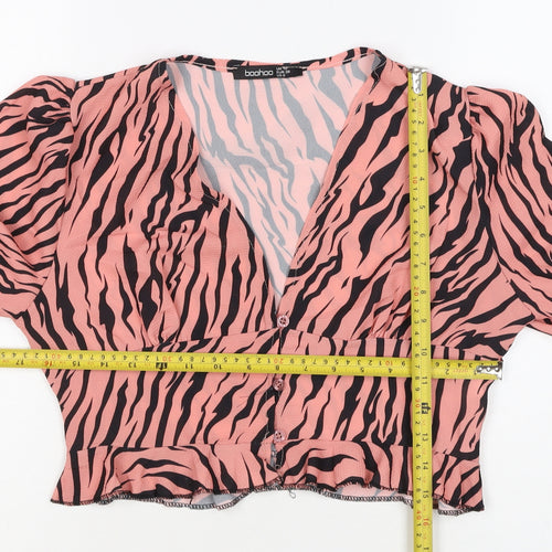 Boohoo Women’s Pink Zebra Print Cropped V-Neck Ruffle Blouse UK 10