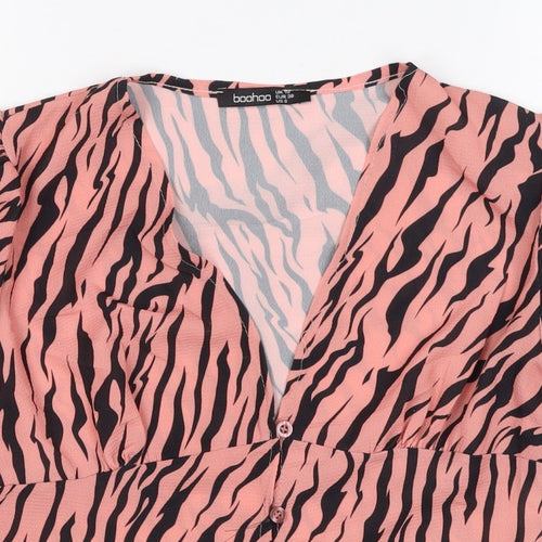 Boohoo Women’s Pink Zebra Print Cropped V-Neck Ruffle Blouse UK 10