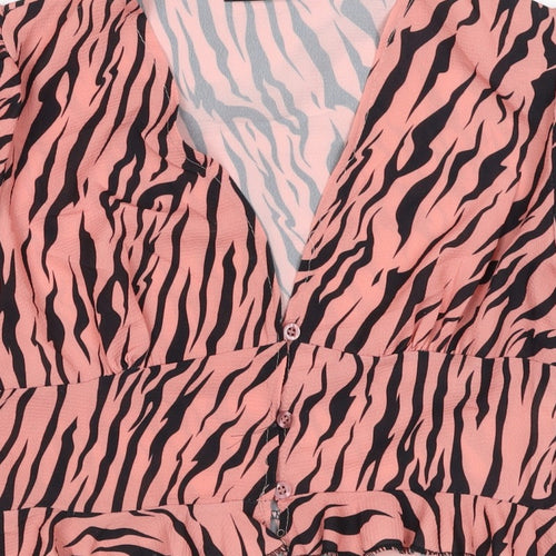 Boohoo Women’s Pink Zebra Print Cropped V-Neck Ruffle Blouse UK 10