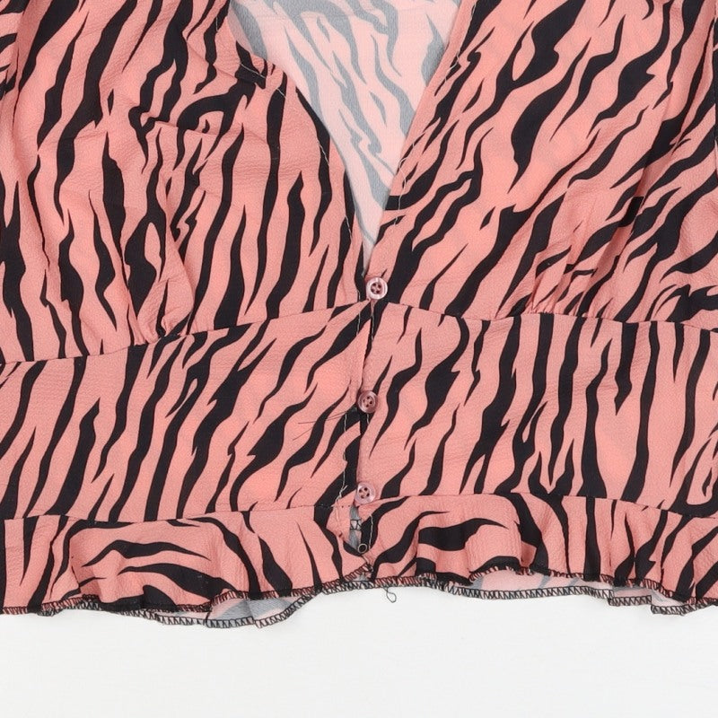 Boohoo Women’s Pink Zebra Print Cropped V-Neck Ruffle Blouse UK 10