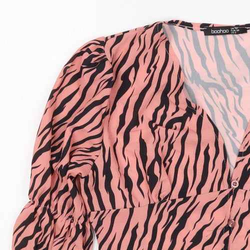 Boohoo Women’s Pink Zebra Print Cropped V-Neck Ruffle Blouse UK 10