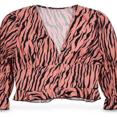 Boohoo Women’s Pink Zebra Print Cropped V-Neck Ruffle Blouse UK 10
