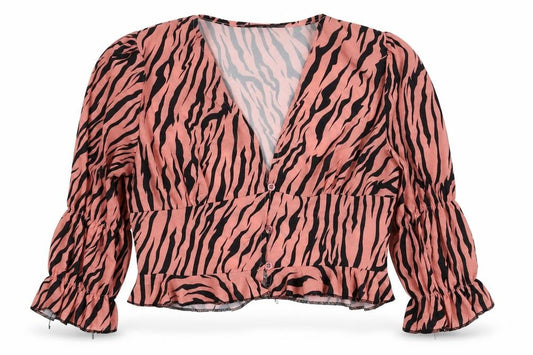 Boohoo Women’s Pink Zebra Print Cropped V-Neck Ruffle Blouse UK 10