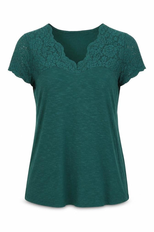 Dorothy Perkins Women Green Size 14 V-Neck Lace Sleeve T-Shirt