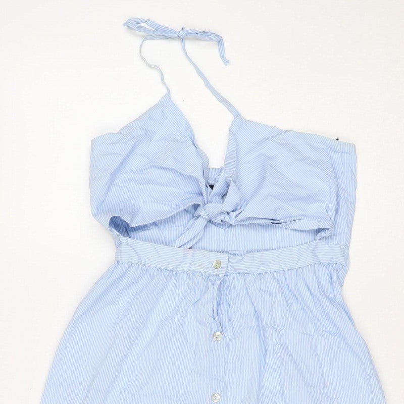Zara Woman Blue White Stripe M Off Shoulder Belted Midi Dress