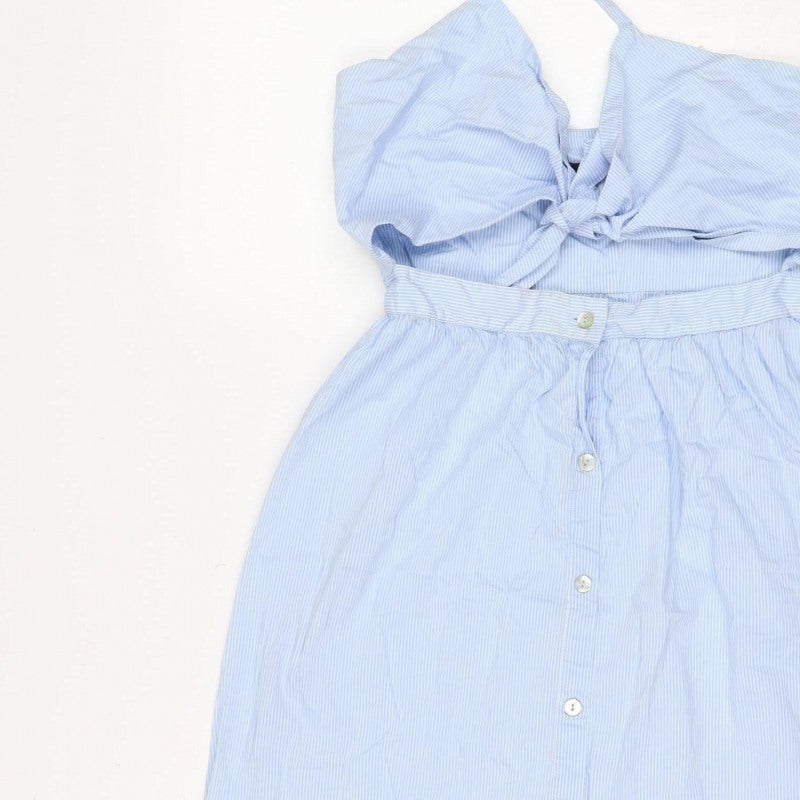 Zara Woman Blue White Stripe M Off Shoulder Belted Midi Dress