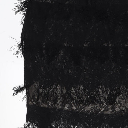 Yumi Women Black Lace Feather Trim Shift Dress Size L Party Cocktail