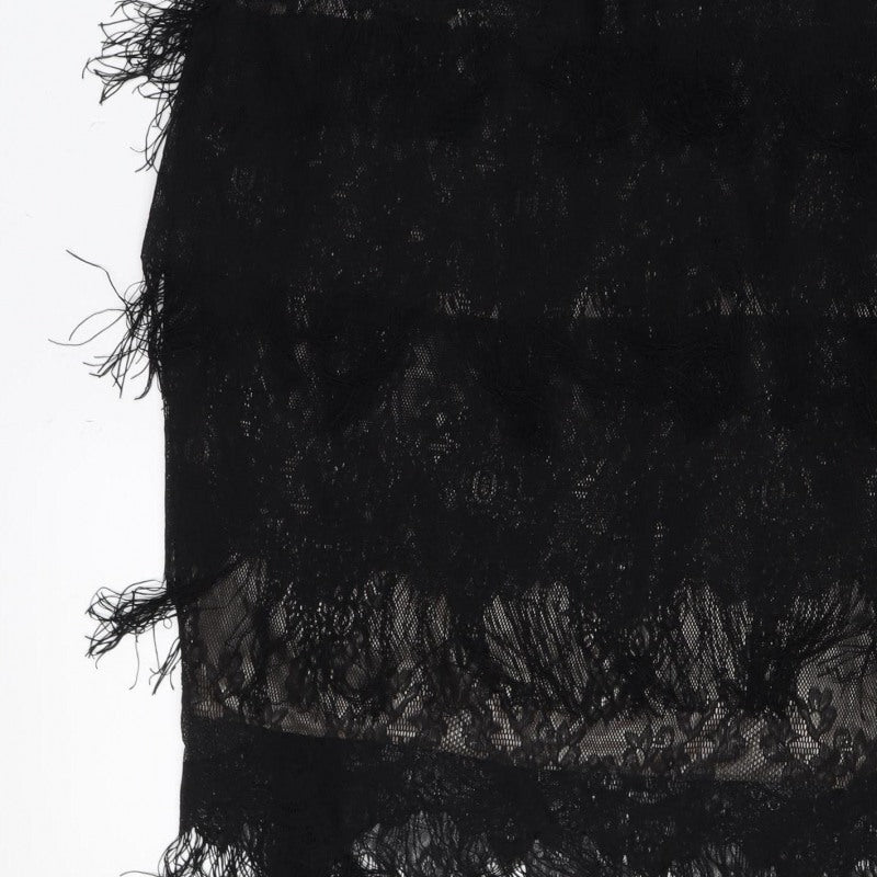 Yumi Women Black Lace Feather Trim Shift Dress Size L Party Cocktail