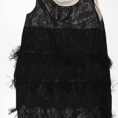 Yumi Women Black Lace Feather Trim Shift Dress Size L Party Cocktail