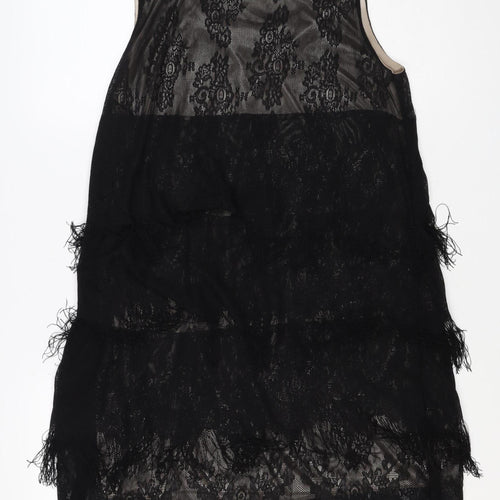 Yumi Women Black Lace Feather Trim Shift Dress Size L Party Cocktail