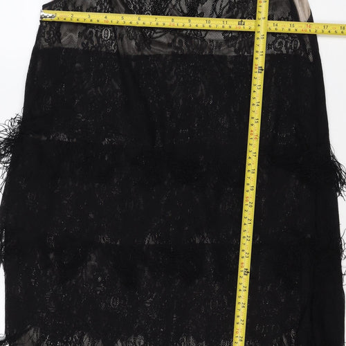Yumi Women Black Lace Feather Trim Shift Dress Size L Party Cocktail