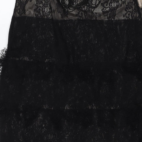 Yumi Women Black Lace Feather Trim Shift Dress Size L Party Cocktail