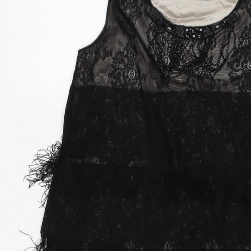 Yumi Women Black Lace Feather Trim Shift Dress Size L Party Cocktail