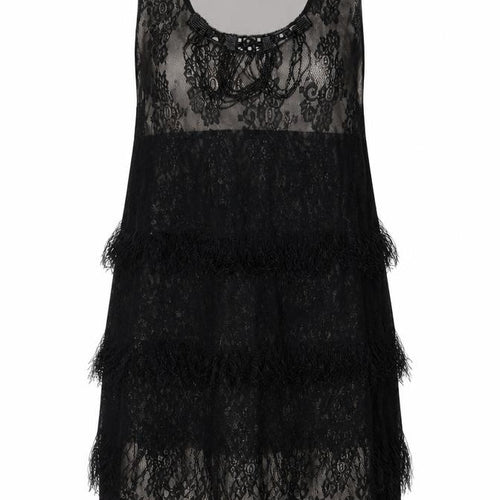 Yumi Women Black Lace Feather Trim Shift Dress Size L Party Cocktail