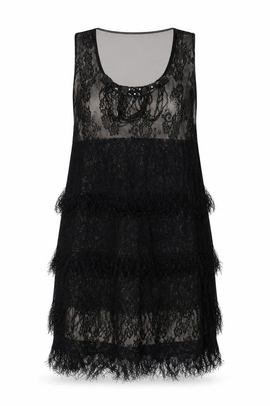 Front view of Yumi Women Black Lace Feather Trim Shift Dress, size L, Party Cocktail