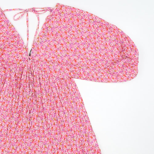 Zara Women Pink Floral Pleated Fit & Flare Short Dress Size S