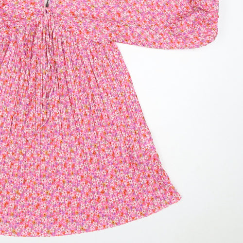 Zara Women Pink Floral Pleated Fit & Flare Short Dress Size S