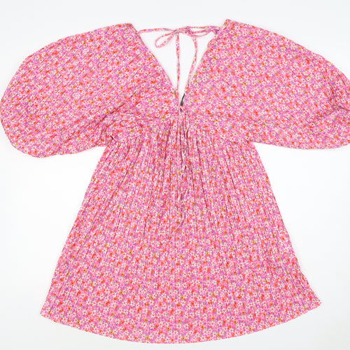 Zara Women Pink Floral Pleated Fit & Flare Short Dress Size S