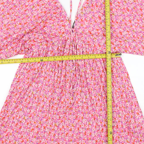 Zara Women Pink Floral Pleated Fit & Flare Short Dress Size S