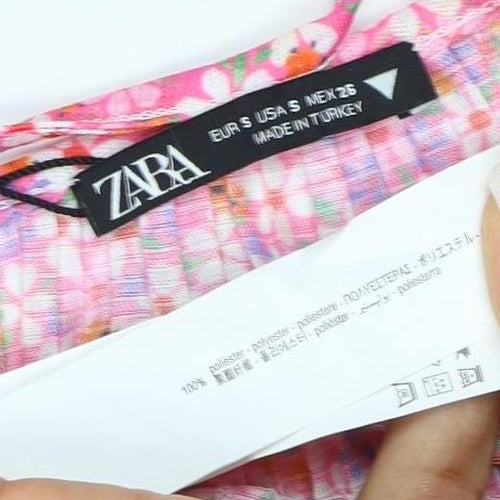 Zara Women Pink Floral Pleated Fit & Flare Short Dress Size S