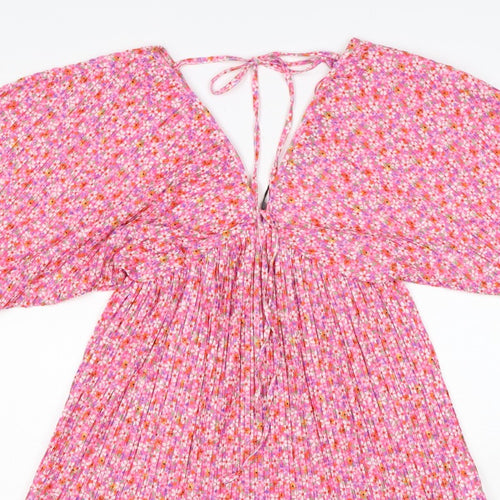 Zara Women Pink Floral Pleated Fit & Flare Short Dress Size S