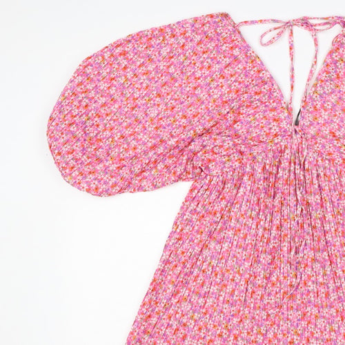 Zara Women Pink Floral Pleated Fit & Flare Short Dress Size S