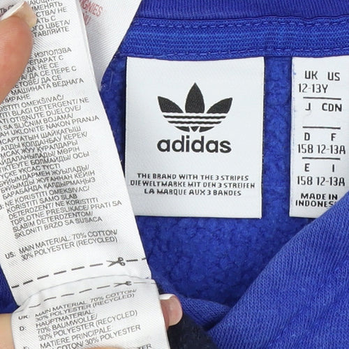 adidas Boys Blue Black 12-13 Years Pullover Hoodie Logo Striped
