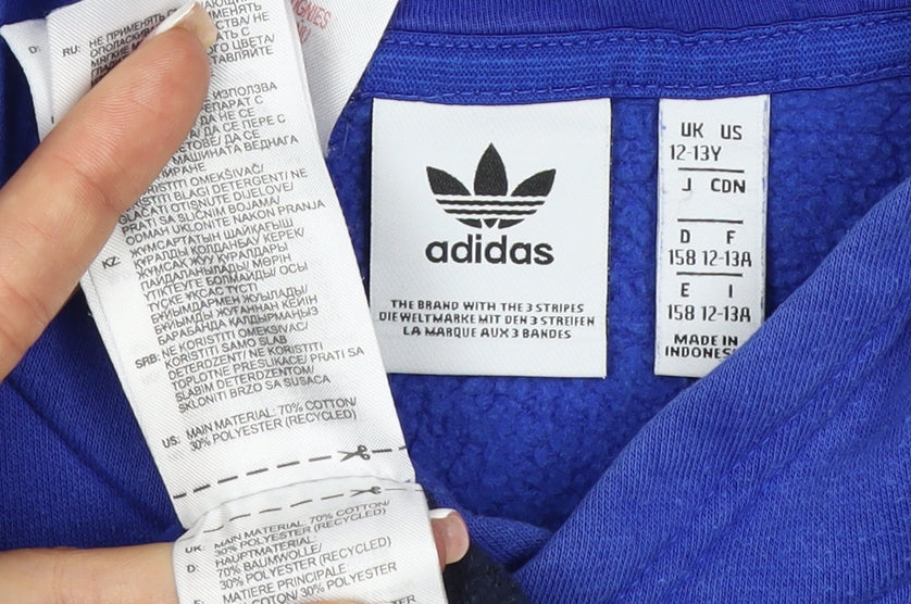 adidas Boys Blue Black 12-13 Years Pullover Hoodie Logo Striped