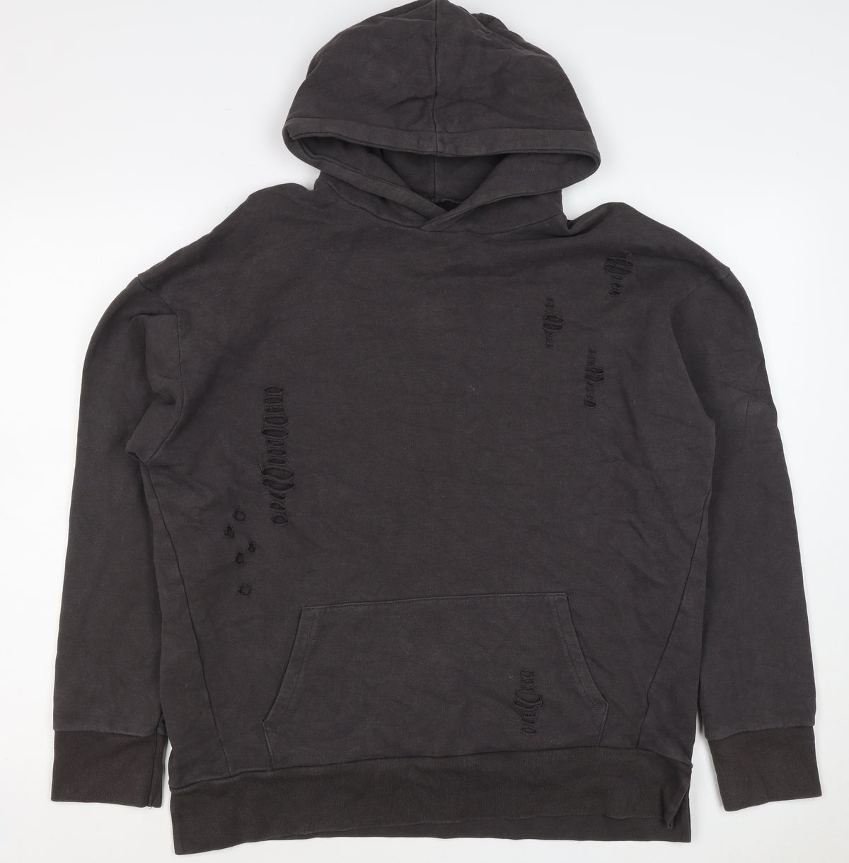 River Island Men’s Black M Distressed Pullover Hoodie Kangaroo Pocket