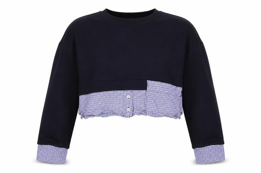 Front view of Zara Women Black Blue Check Layered Crop Sweatshirt M Crew Neck