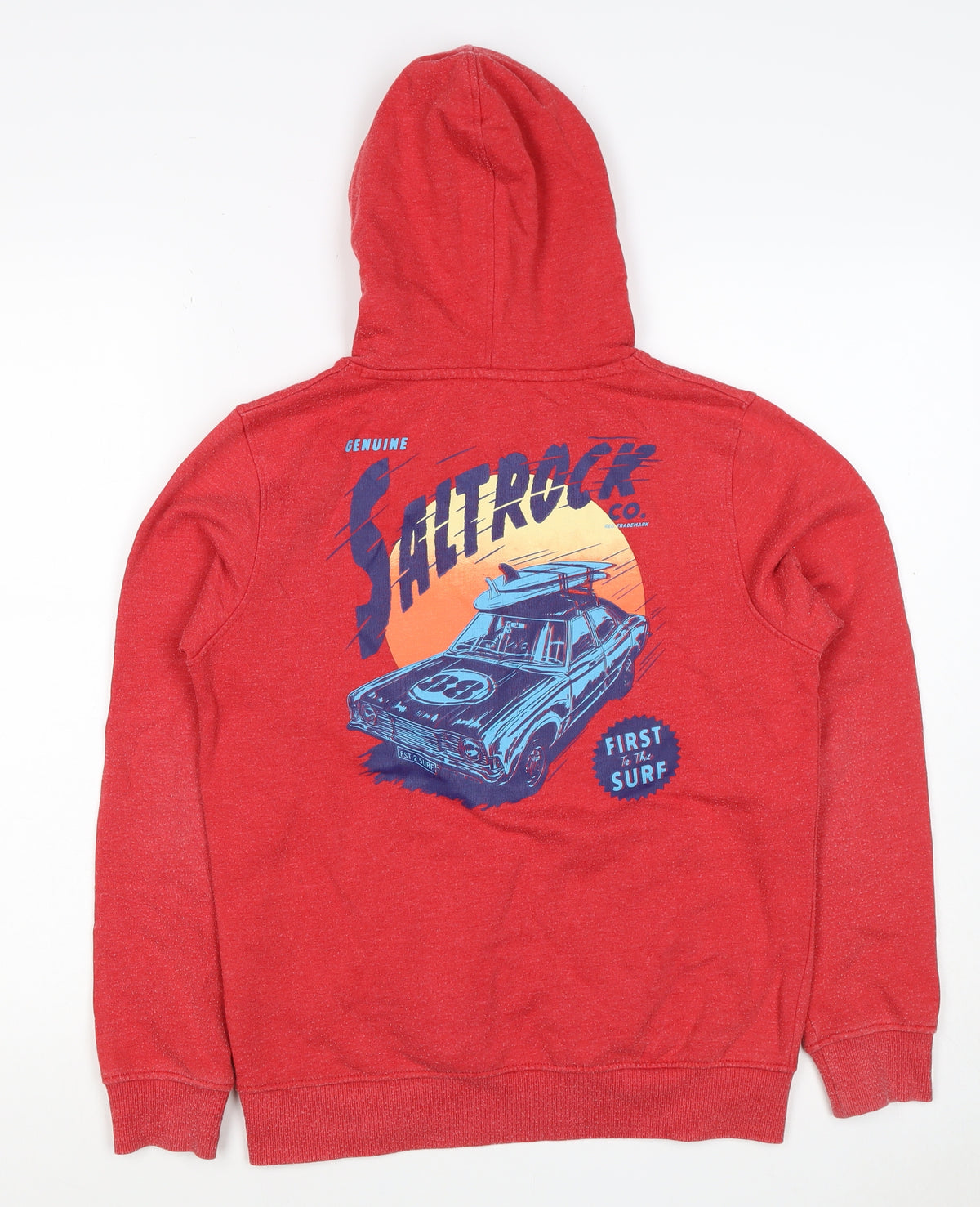 Close-up detail of Saltrock boys’ red 11-12 years pullover hoodie surf car graphic
