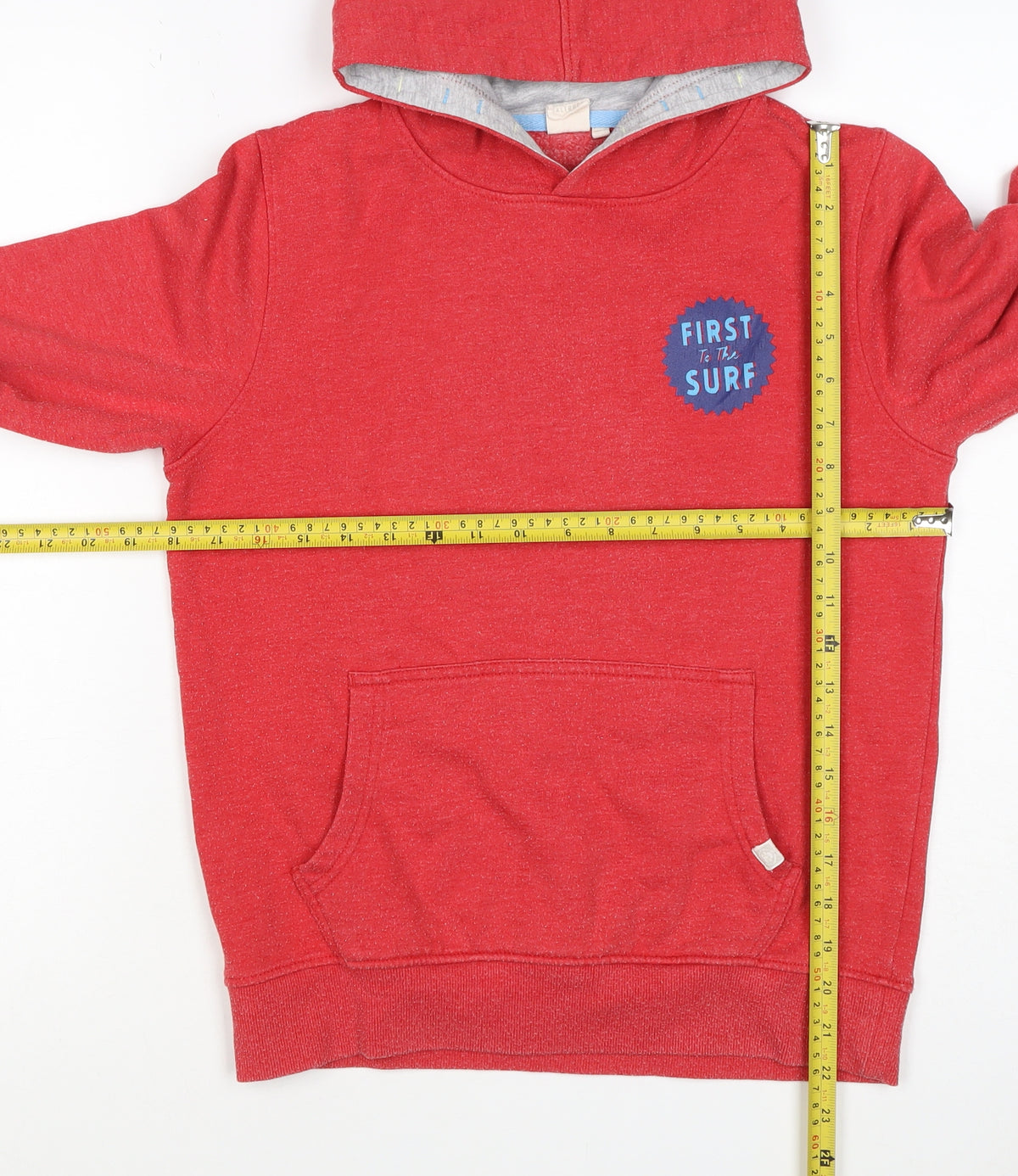 Brand and care label for Saltrock boys’ red 11-12 years pullover hoodie surf car graphic