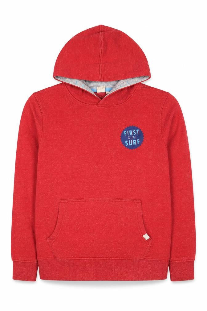 Front view of Saltrock boys’ red 11-12 years pullover hoodie surf car graphic