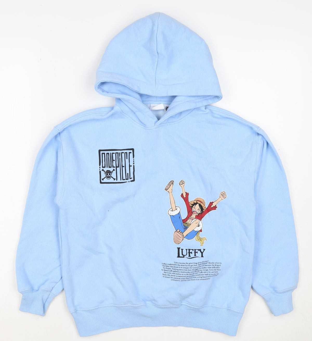 Back view of Zara boys’ blue 9-10 years one piece luffy graphic print pullover hoodie