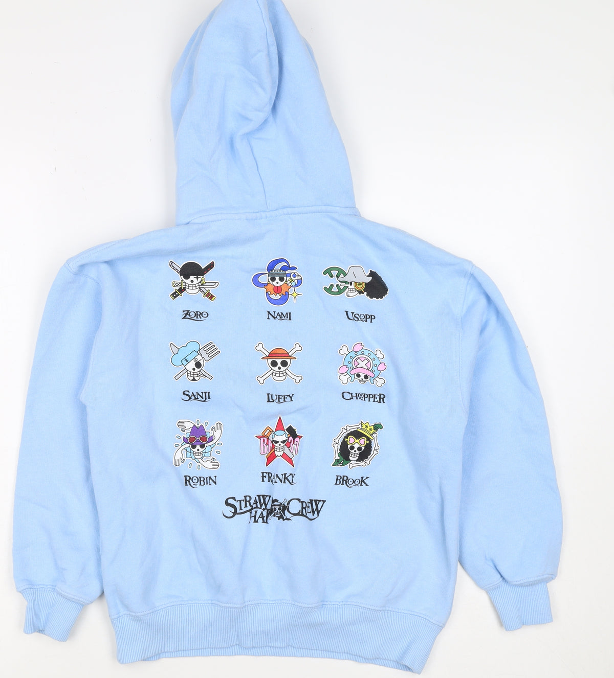 Close-up detail of Zara boys’ blue 9-10 years one piece luffy graphic print pullover hoodie
