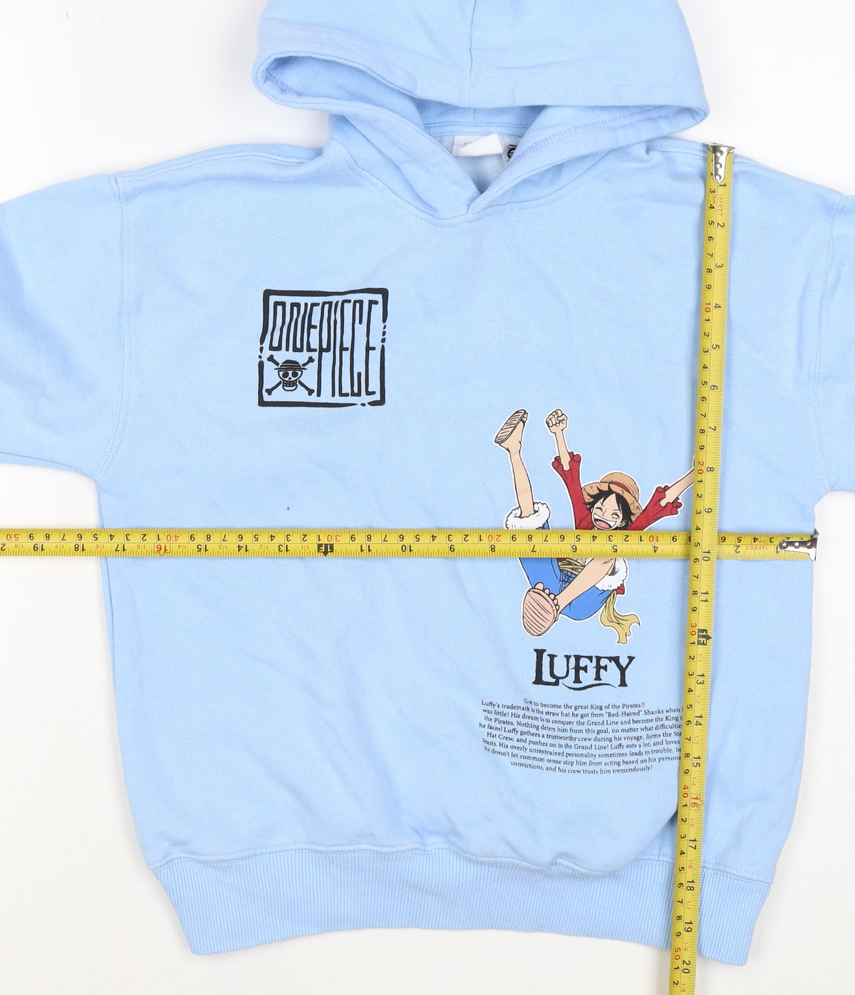 Brand and care label for Zara boys’ blue 9-10 years one piece luffy graphic print pullover hoodie