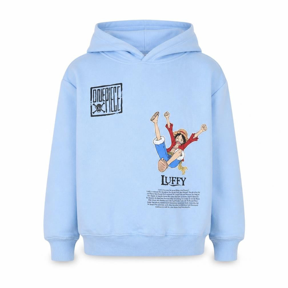 Front view of Zara boys’ blue 9-10 years one piece luffy graphic print pullover hoodie