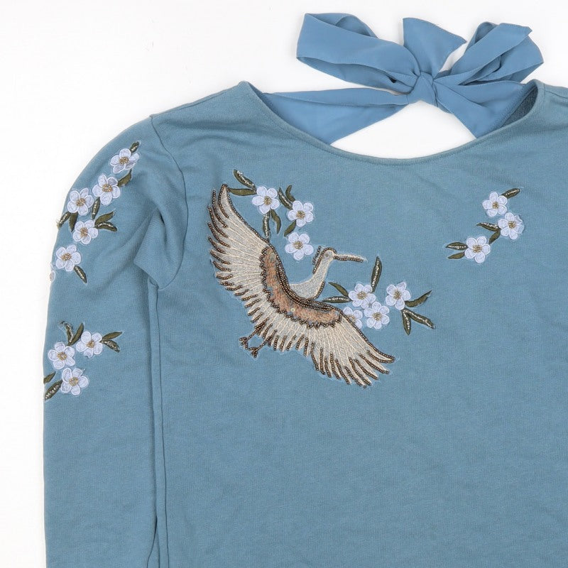 Additional view of Naf Naf Women’s Blue S Embroidered Beaded Bird Tie Back Sweatshirt
