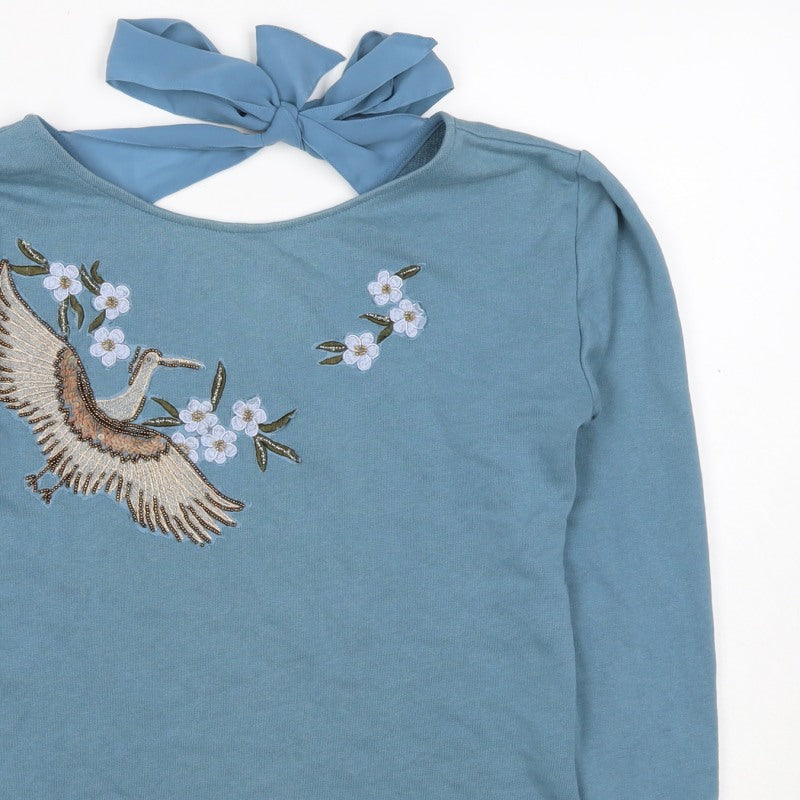 Additional view of Naf Naf Women’s Blue S Embroidered Beaded Bird Tie Back Sweatshirt